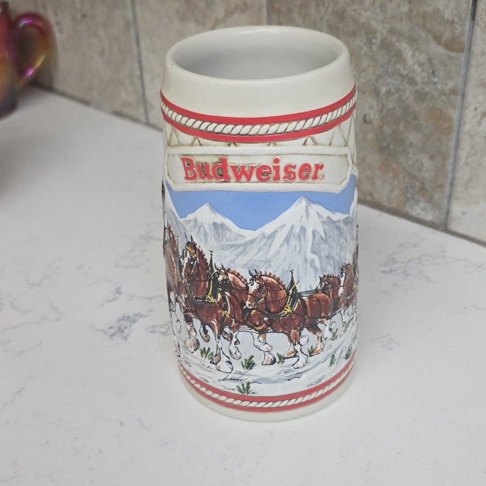BUDWEISER A COLLECTOR'S SERIES CERAMIC BEER BRAZIL ON A CRISP WINTERS MORN